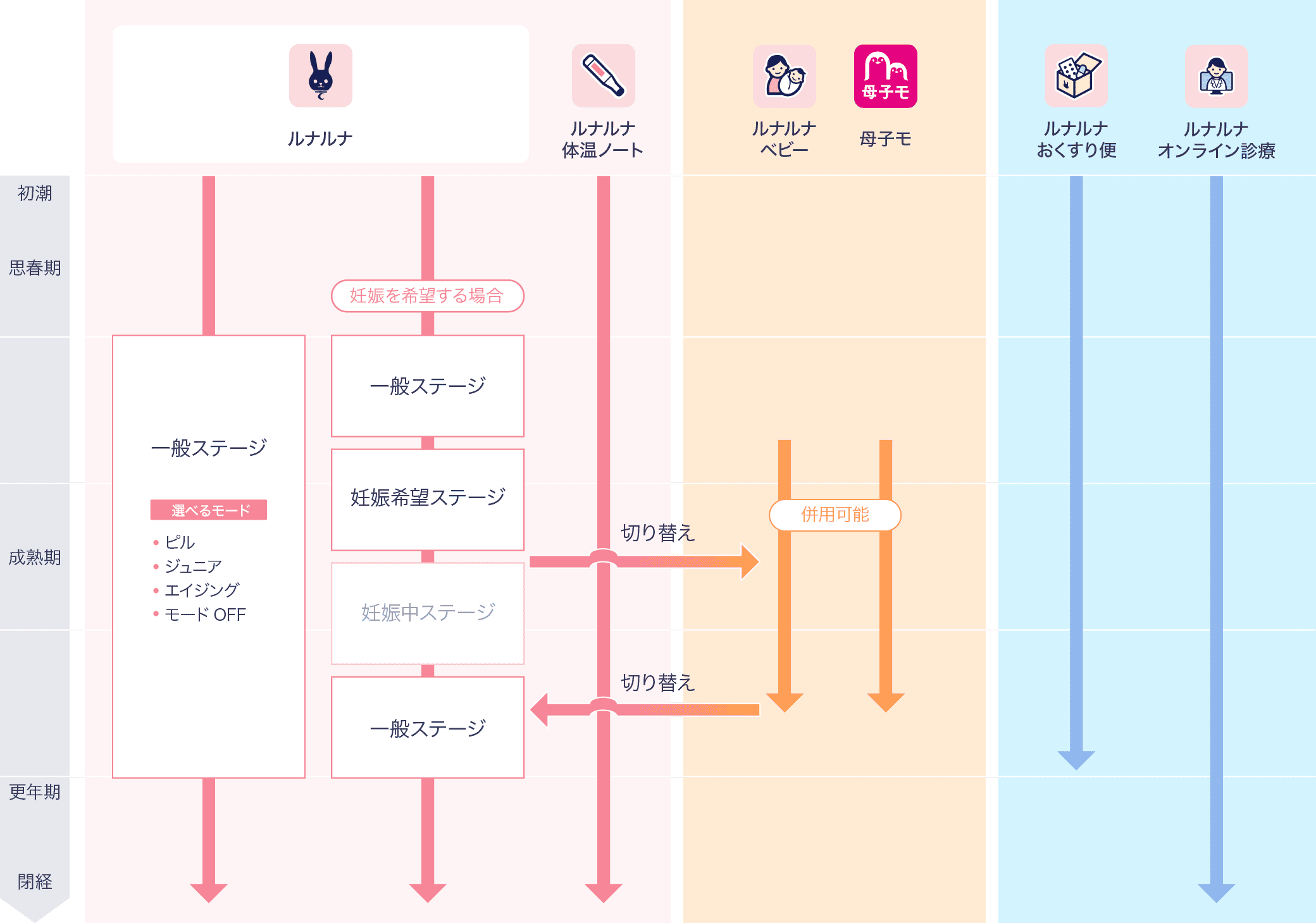 女性のライフステージに合わせて各アプリやサービスの関わり方が変化することを説明している図